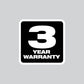 Black and white warranty badge showcasing 3 YEAR WARRANTY for Milwaukee M18 REDLITHIUM HIGH OUTPUT XC6