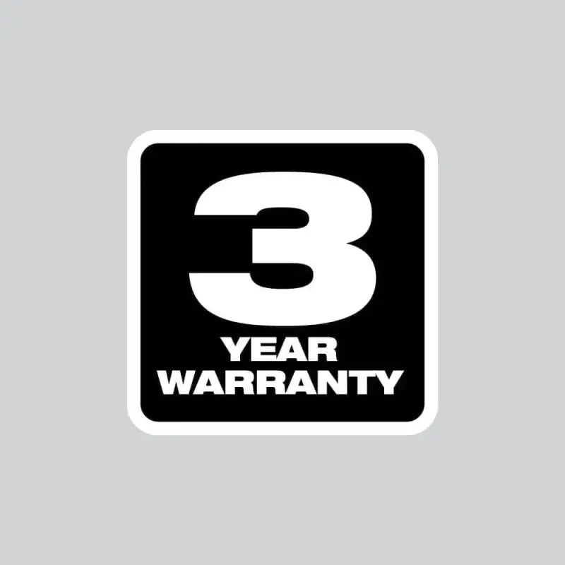 Black and white warranty badge showcasing 3 YEAR WARRANTY for Milwaukee M18 REDLITHIUM HIGH OUTPUT XC6