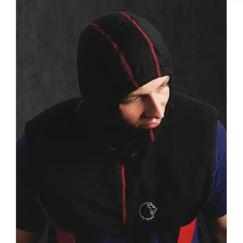 Black winter beanie with red stripes worn with Lion Particulate Blocking Hood, two-layer construction