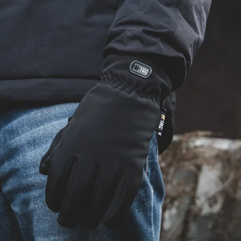 Black Winter Glove with Logo Patch from M-Tac Gloves Soft Shell Thinsulate Collection