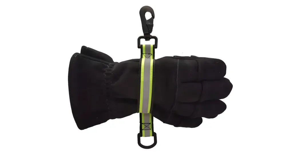 Black winter glove featuring reflective green glovestrap from Firefigheter GloveLeash2