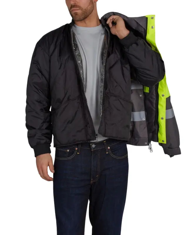 Black winter jacket with neon yellow reflective lining, UHV887 HiVis Warm 3-in-1 jacket