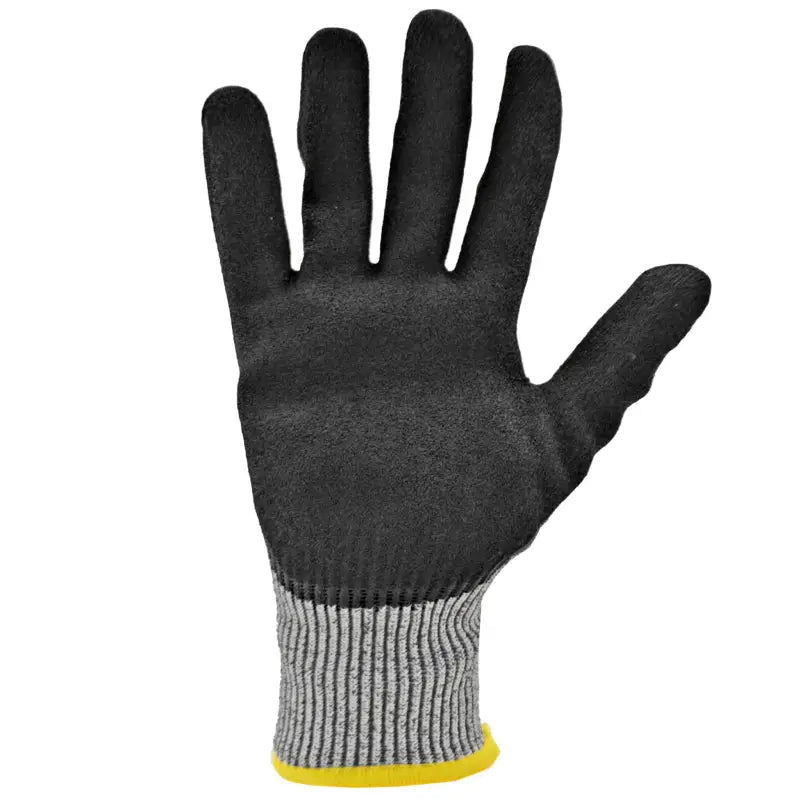 Black cut-resistant safety work gloves with sandy nitrile dipped palms and striped cuff