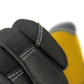 Black touchscreen safety work gloves with leather palms and yellow accent for enhanced grip