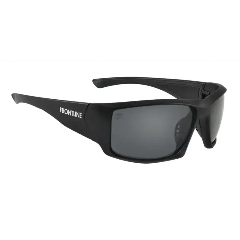 Black wraparound sunglasses with dark lenses and FRONTLINE branding from Ten-8