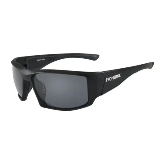 Black wraparound sunglasses with Frontline branding, made for Ten-8 style enthusiasts