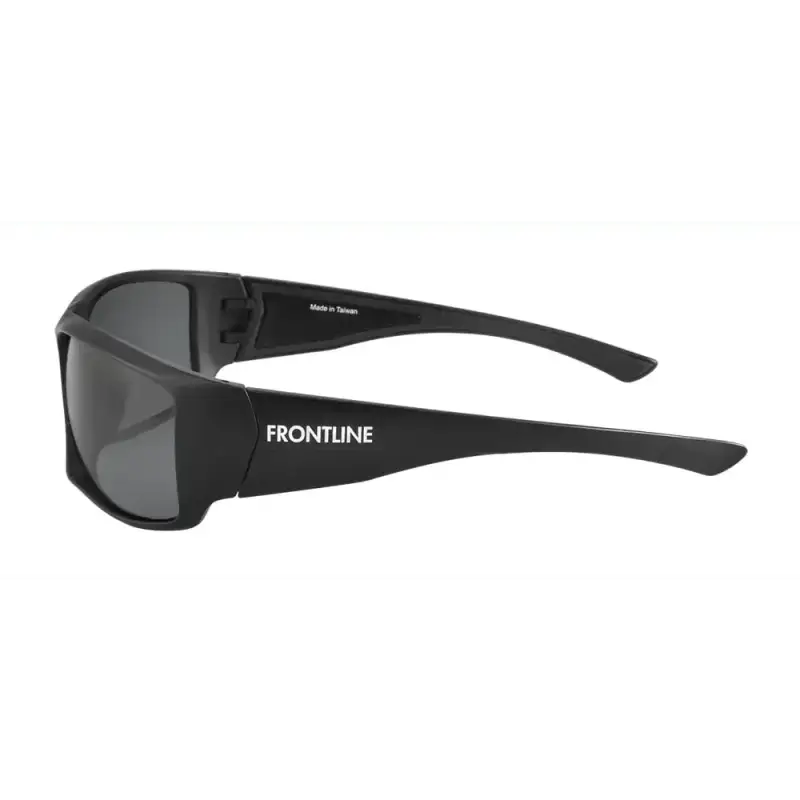 Black wraparound Ten-8 sunglasses with FRONTLINE text on the temple arm, made for stylish protection