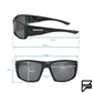 Black wraparound Ten-8 made sunglasses with technical measurement annotations