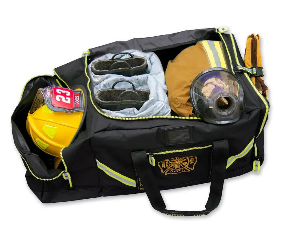 Black and yellow 3XL Turnout Gear Bag with multiple compartments and shoulder strap