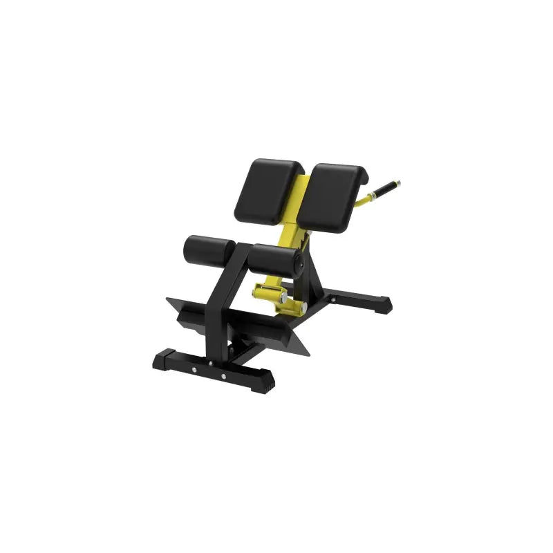 Black and yellow hyperextension bench featuring the SFE Commercial Roman Chair design