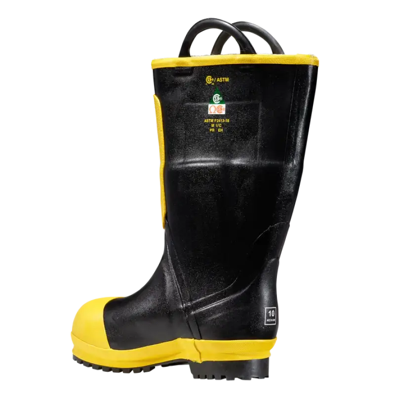 Black and yellow rubber firefighter boot with premium rubber construction for durability