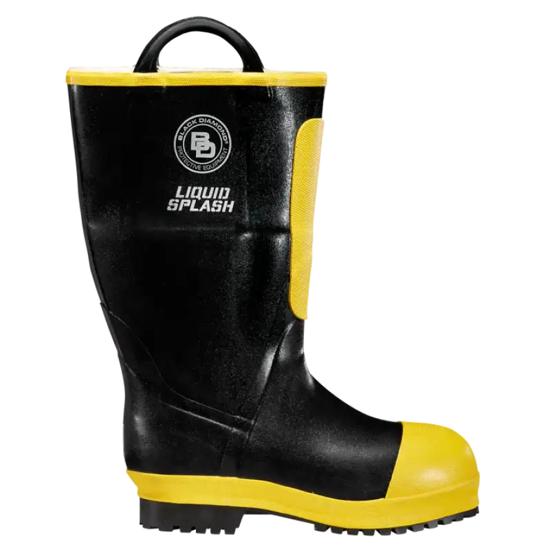 Black and yellow rubber firefighter boot with premium rubber construction for durability