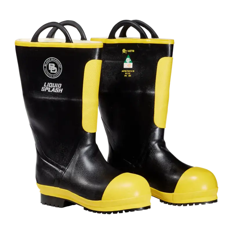 Black and yellow rubber firefighter boot with premium rubber construction for durability