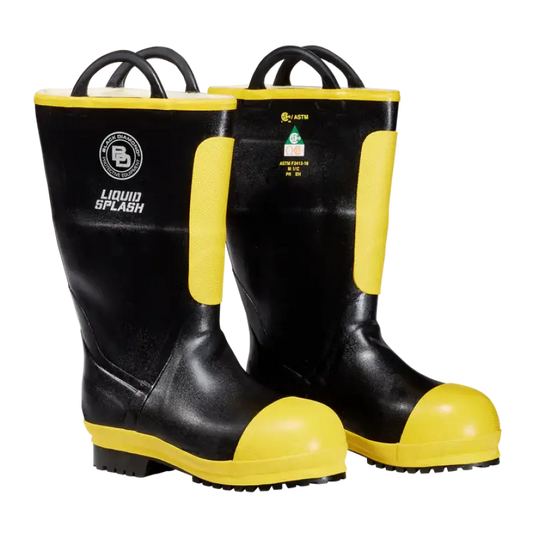 Black and yellow rubber firefighter boot with premium rubber construction for durability