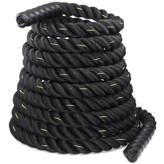 Black and yellow twisted battle rope for first responders, firefighters, and police training