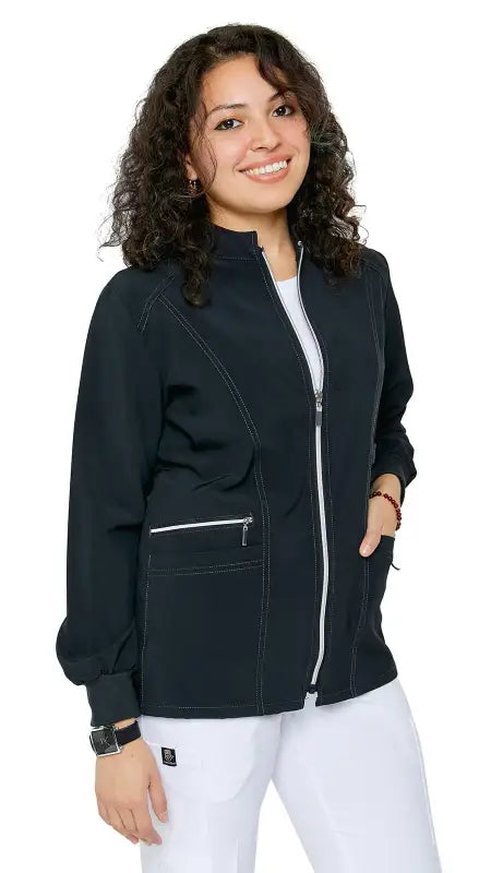 Black Stretch Zipper Warm Up Uniform Jacket with White Trim and Pockets