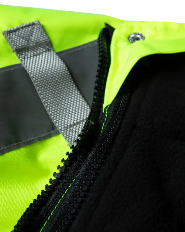 Black zipper detail on UHV563 HiVis Bomber Jacket with neon yellow fabric side