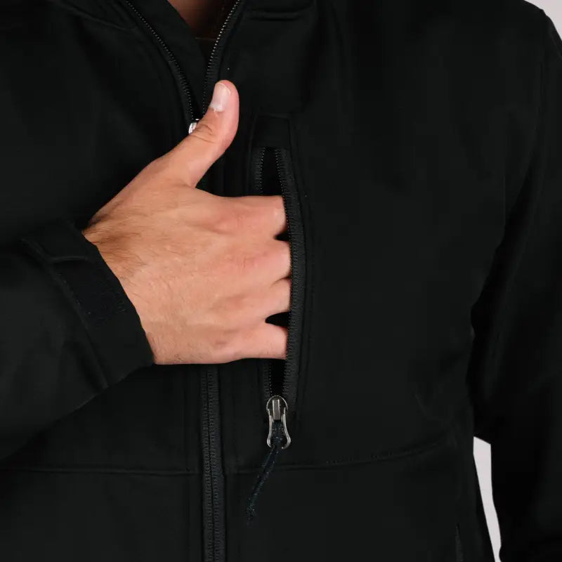 Black zippered Tactical Jacket Bravo with hand pocket, ideal tactical jacket for durability