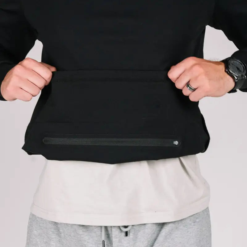 Black zippered pouch on Durable Concealment Hoodie with hand pocket and smooth draws