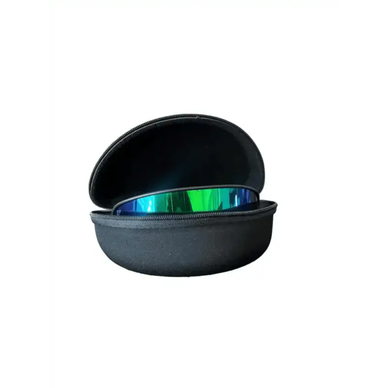 Black zippered sunglasses sport case with ski goggles featuring rainbow-tinted lens