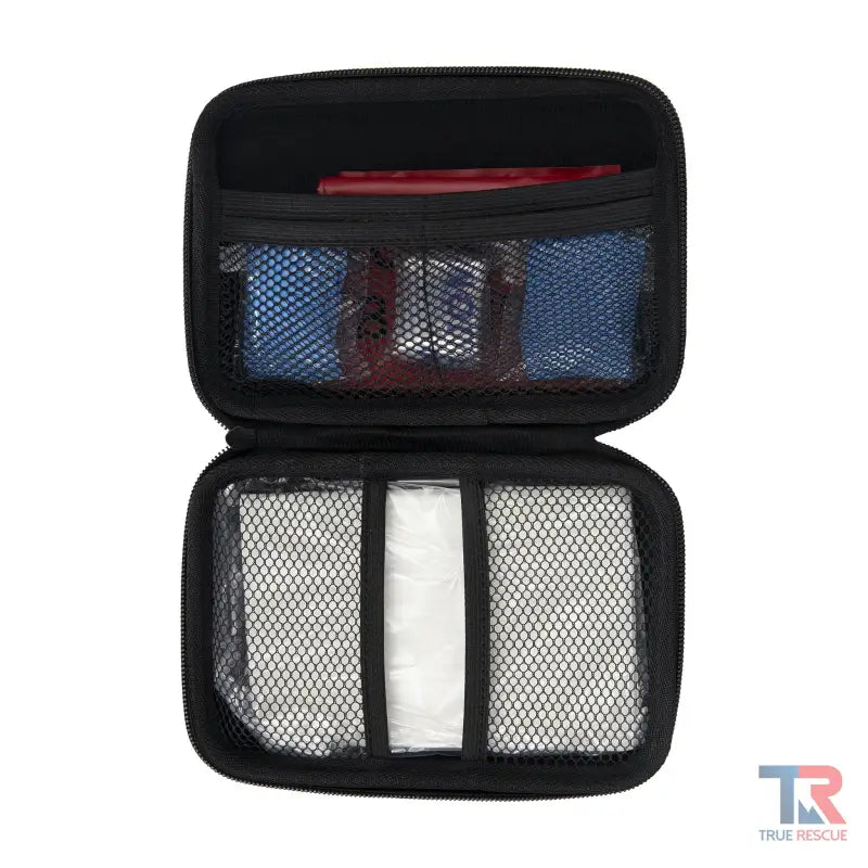 Black zippered storage case with mesh compartments for Overdose Responder Kit