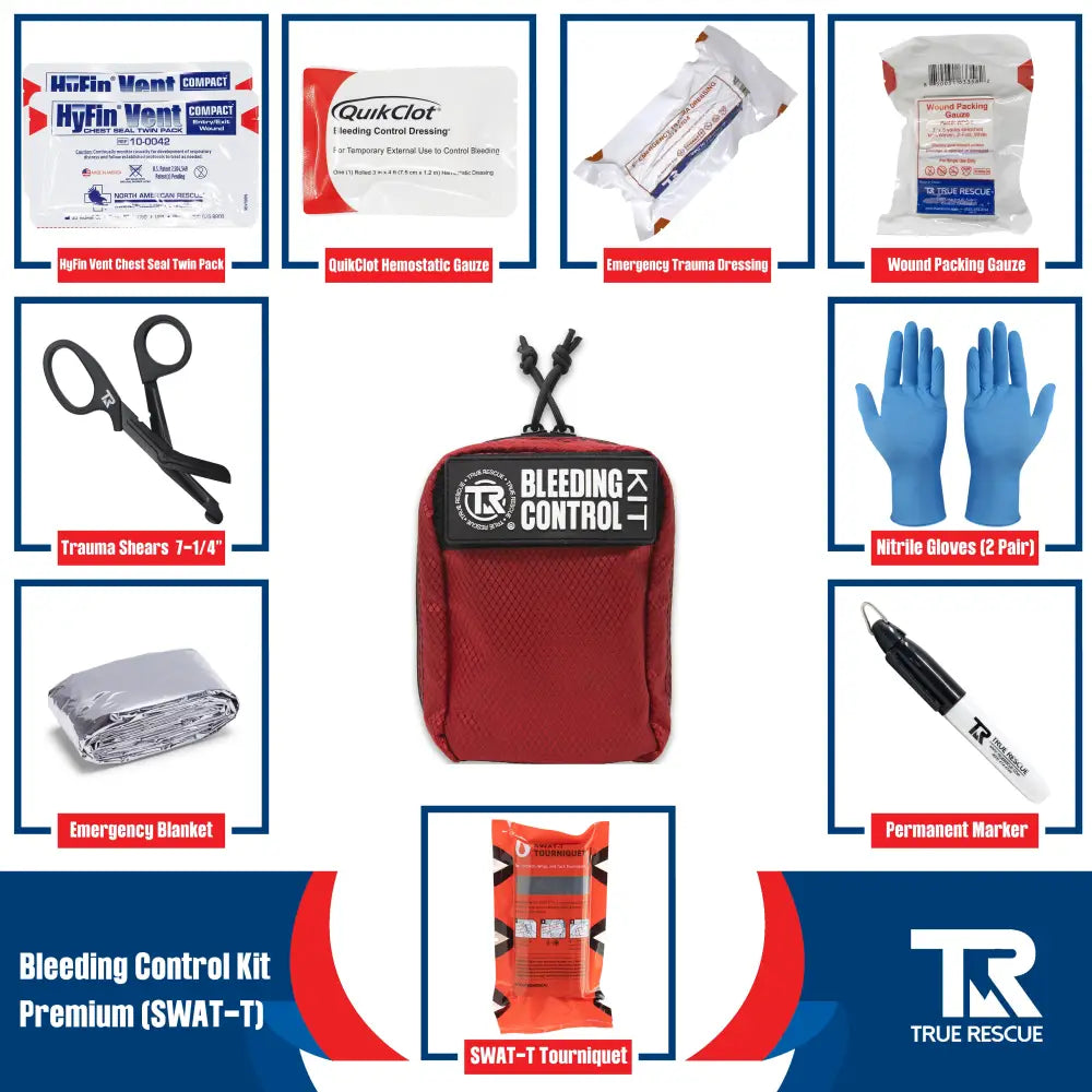 Bleeding Control Kit by True Rescue - Premium Kit (With QuikClot Hemostatic Dressing) / Black / SWAT-T Tourniquet