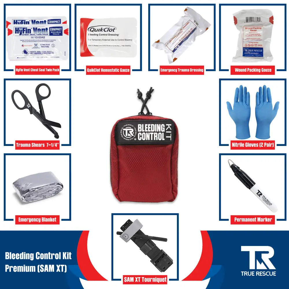 Bleeding Control Kit by True Rescue - Premium Kit (With QuikClot Hemostatic Dressing) / Black / SAM XT Tourniquet