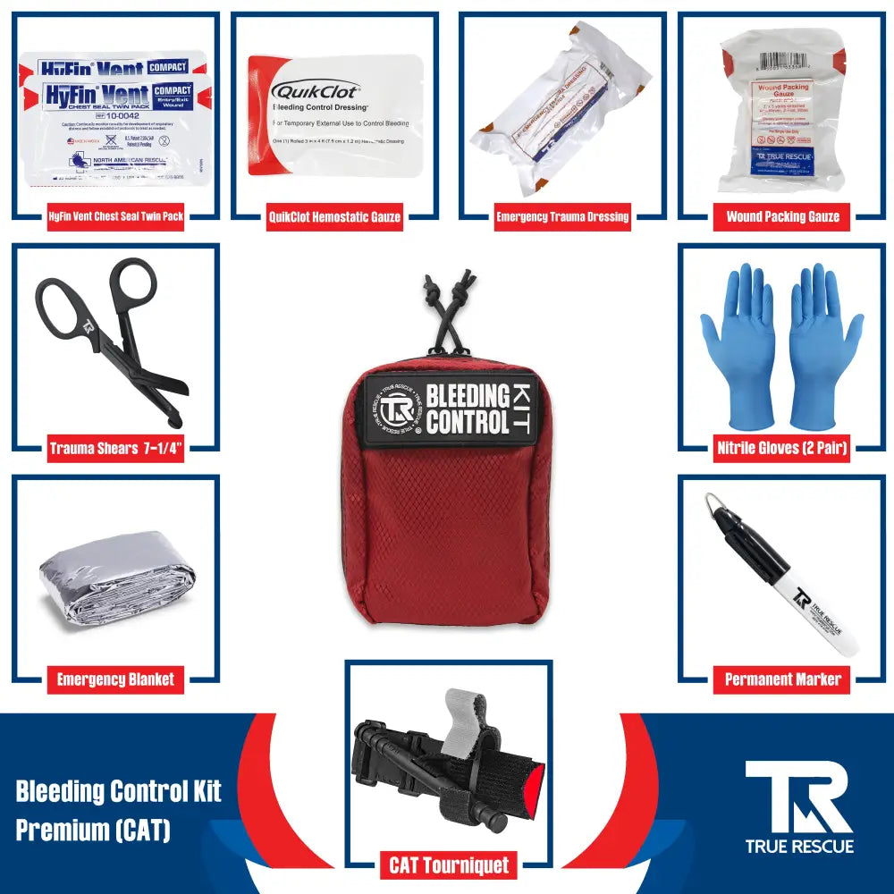 Bleeding Control Kit by True Rescue - Premium Kit (With QuikClot Hemostatic Dressing) / Black / C-A-T Gen 7 Tourniquet