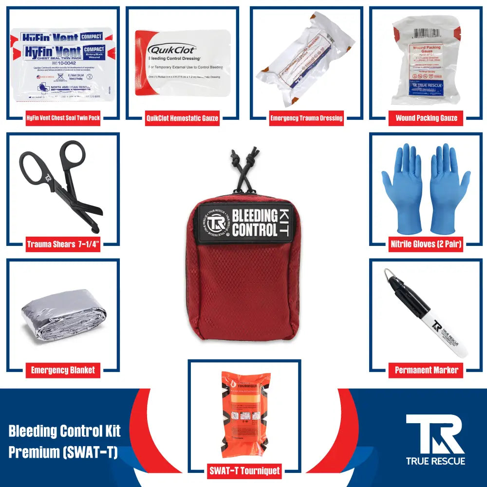 Bleeding Control Kit by True Rescue - Premium Kit (With QuikClot Hemostatic Dressing) / Orange / SWAT-T Tourniquet