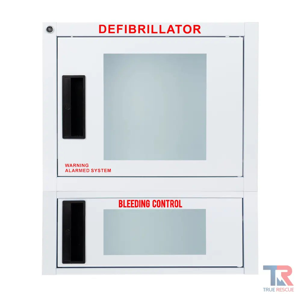 Wall-mounted Bleeding Control Kit Cabinet with defibrillator and supplies