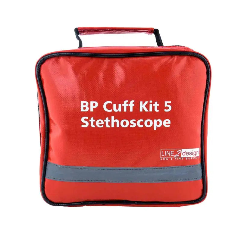 Red medical bag labeled BP Cuff Kit 5 for Blood Pressure Multi-Cuff with Stethoscope