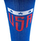 Blue Tall Compression Socks featuring USA text and stars in red and white design