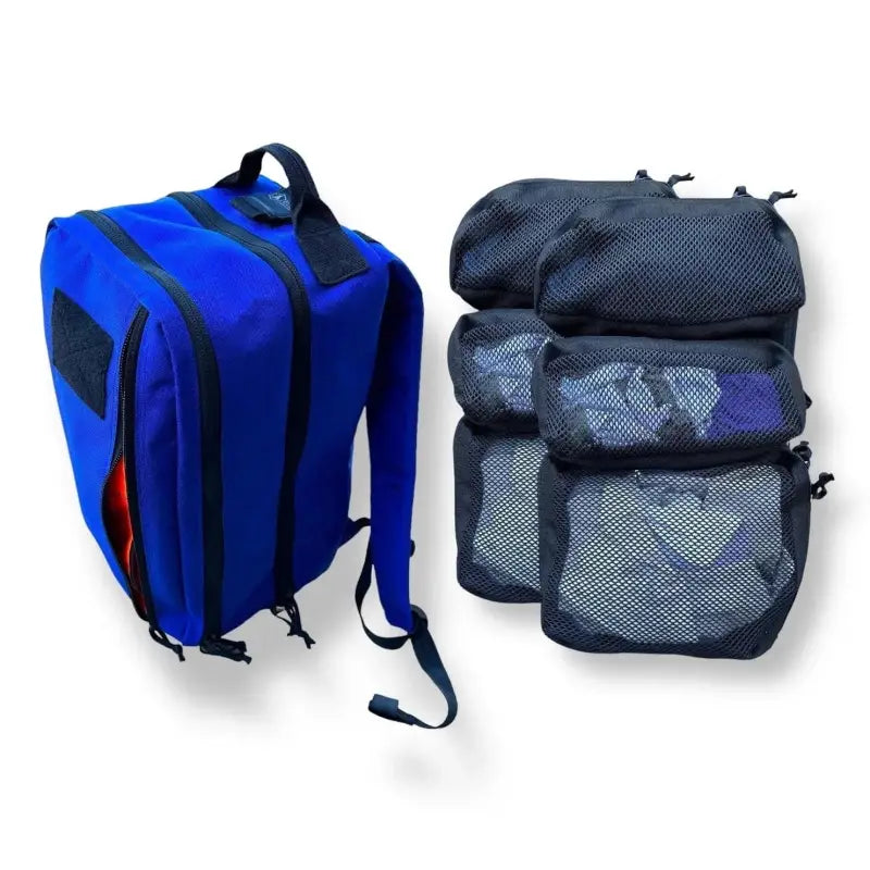 Blue backpack and mesh packing cubes with 12HR Plus Royal Blue and 1000D Cordura