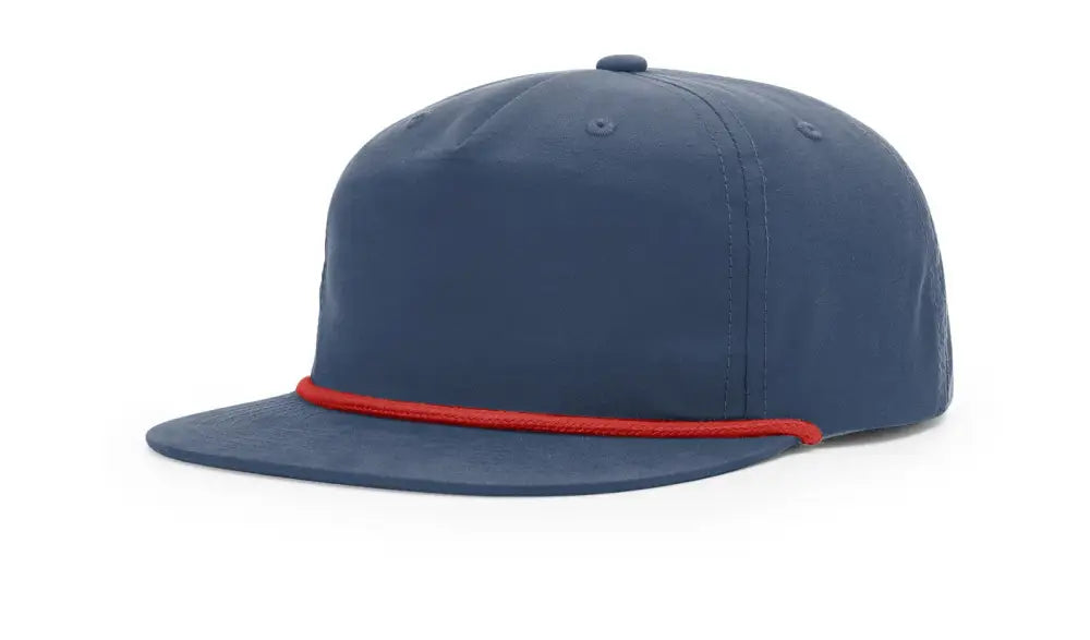 Blue baseball cap with red rope and leather patch, ideal for first responders or firefighters