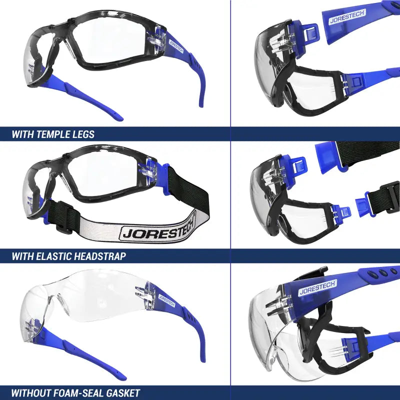 Blue and black anti-fog safety glasses convertible with removable foam seal and elastic head strap