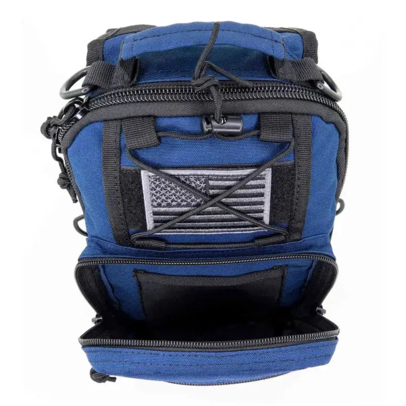 Blue and black tactical Sling Backpack with American flag patch for bleeding control sling use