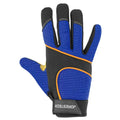 Blue and black touchscreen safety work gloves with leather palms for enhanced grip