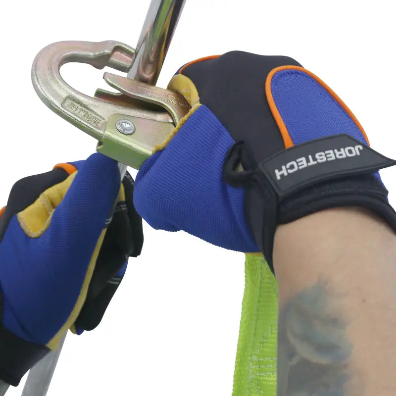 Blue and black work gloves for use with Adjustable Work Positioning Lanyard