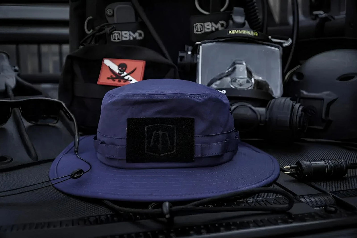 Blue Waterman Boonie hat with dark patch, ideal for first responders and firefighters
