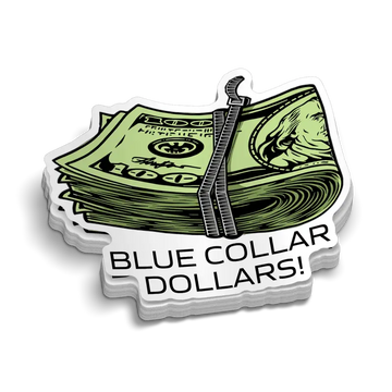 Stack of dollar bills with a zipper and text Blue Collar Dollars for hard hat workers