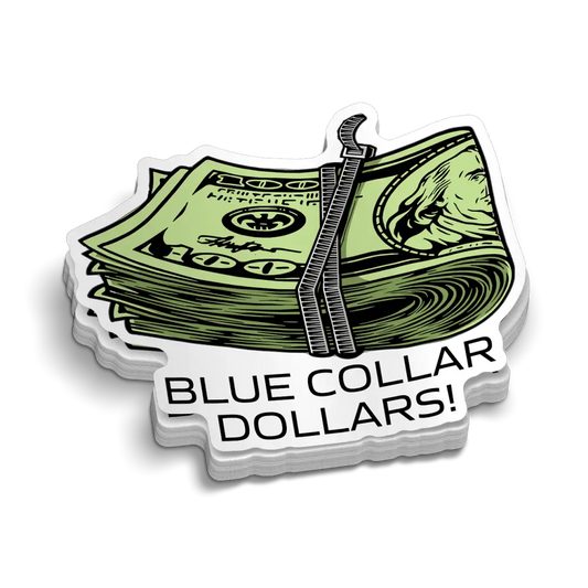 Stack of dollar bills with a zipper and text Blue Collar Dollars for hard hat workers