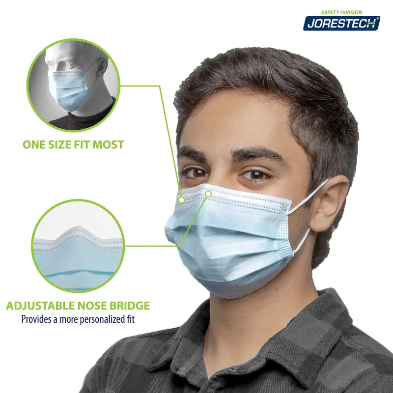 Blue 3-layer disposable face masks from the pack of 50 for effective protection