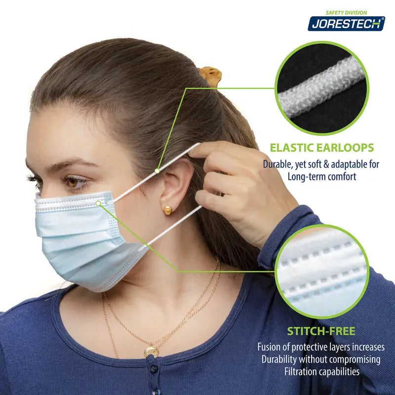 Blue 3-layer disposable face masks with elastic earloops in a pack of 50