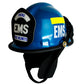 Blue EMS helmet with reflective markings and ear protection for first responders