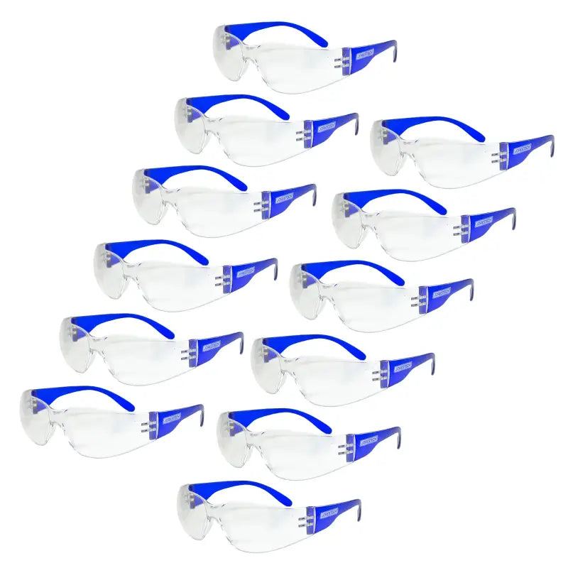 Blue-framed safety glasses offering clear visibility and high impact protection for comfortable use