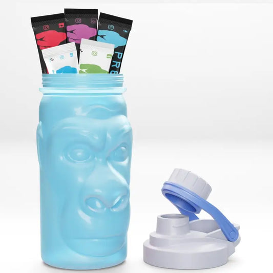 Blue gorilla-shaped water bottle with supplement packets from Harambe Shaker for first responders
