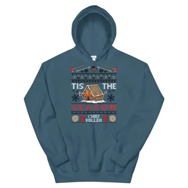 Blue-gray Ugly Christmas Hoodie with gingerbread house design and festive text