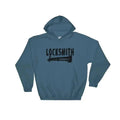 Blue-gray Locksmith hoodie with a key graphic, perfect for casual wear