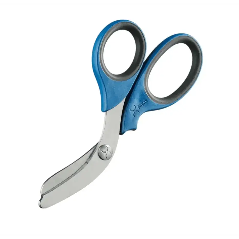 Blue-handled scissors with stainless steel uncoated blades for heavy duty trauma shears