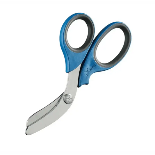 Blue-handled scissors with stainless steel uncoated blades for heavy duty trauma shears